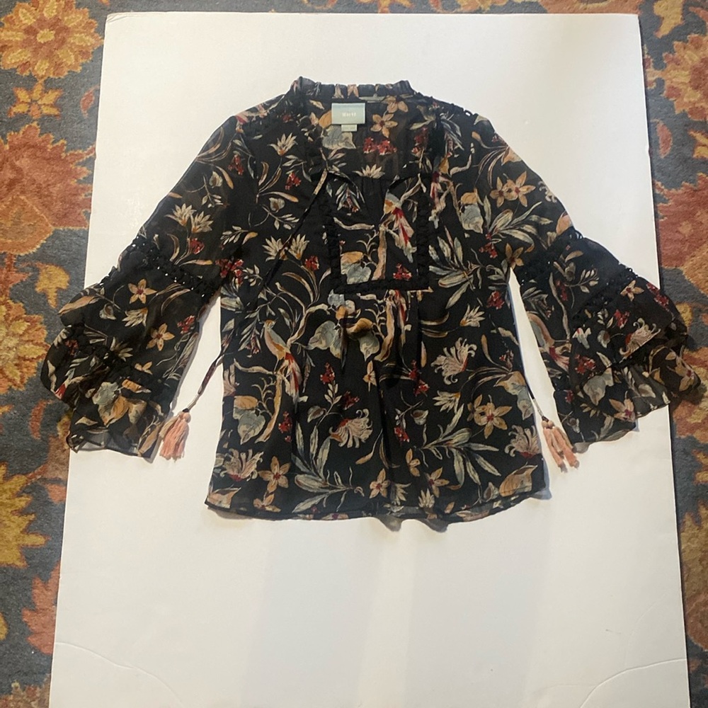 Anthropologie Maeve Odetta Black Floral Peasant Tassel Boho Blouse Top S